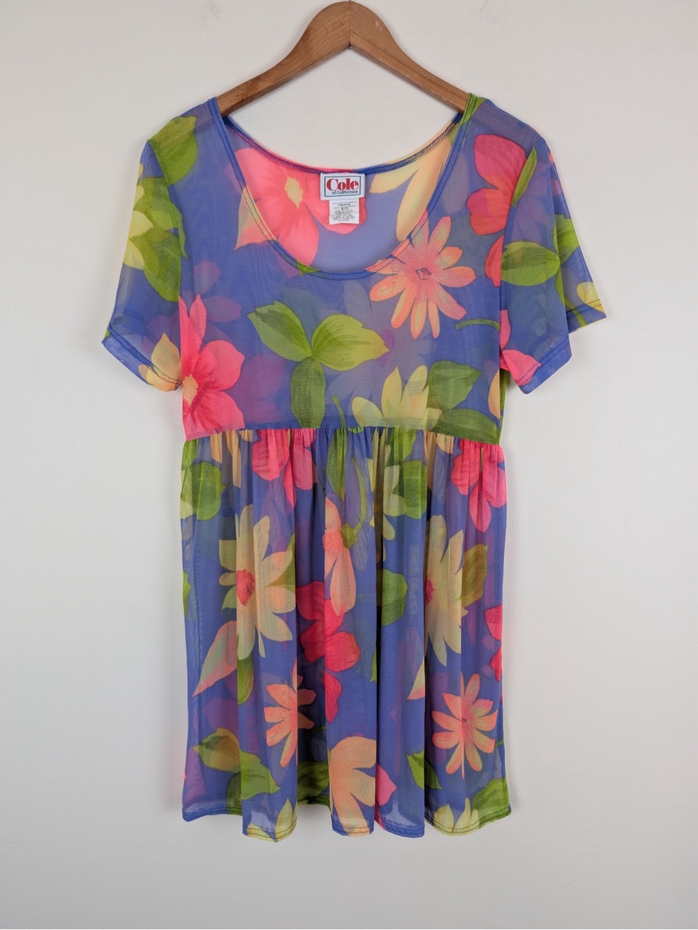 Vintage 90s Floral Sheer Mesh Mini Dress/ Swim Cover by Cole of California